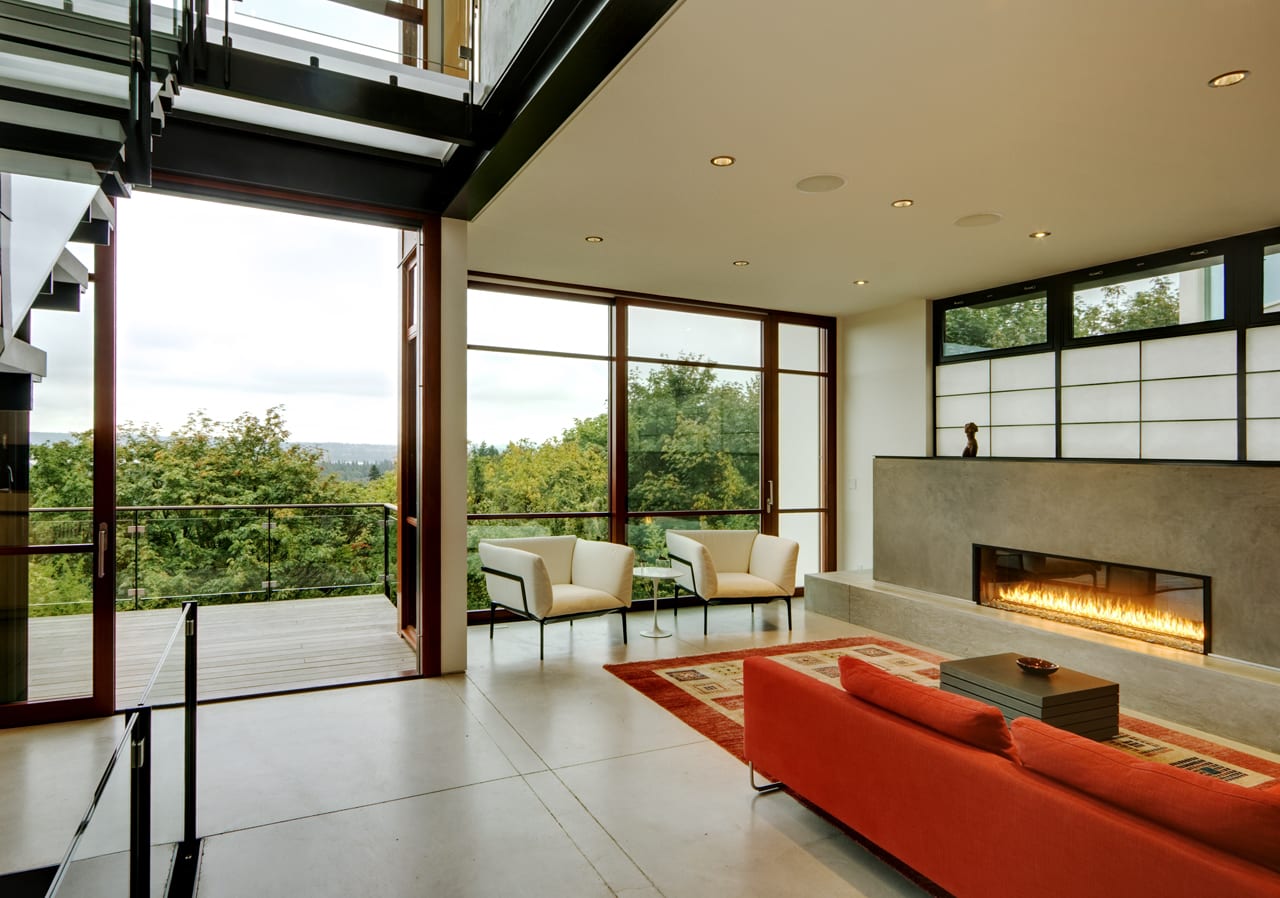 Wooden sliding doors with unique horizontal mullions in Asian-style home