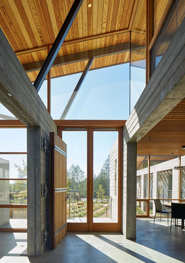 Modern wood and glass doors in entryway