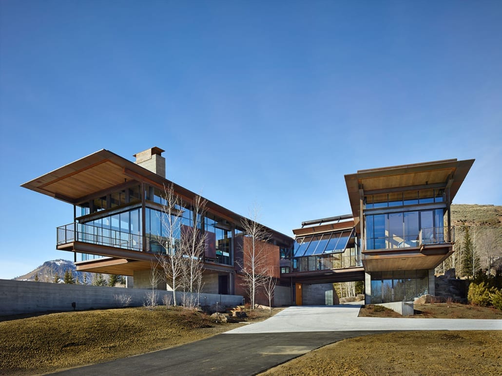 Architectural windows in panoramic modern mountain home