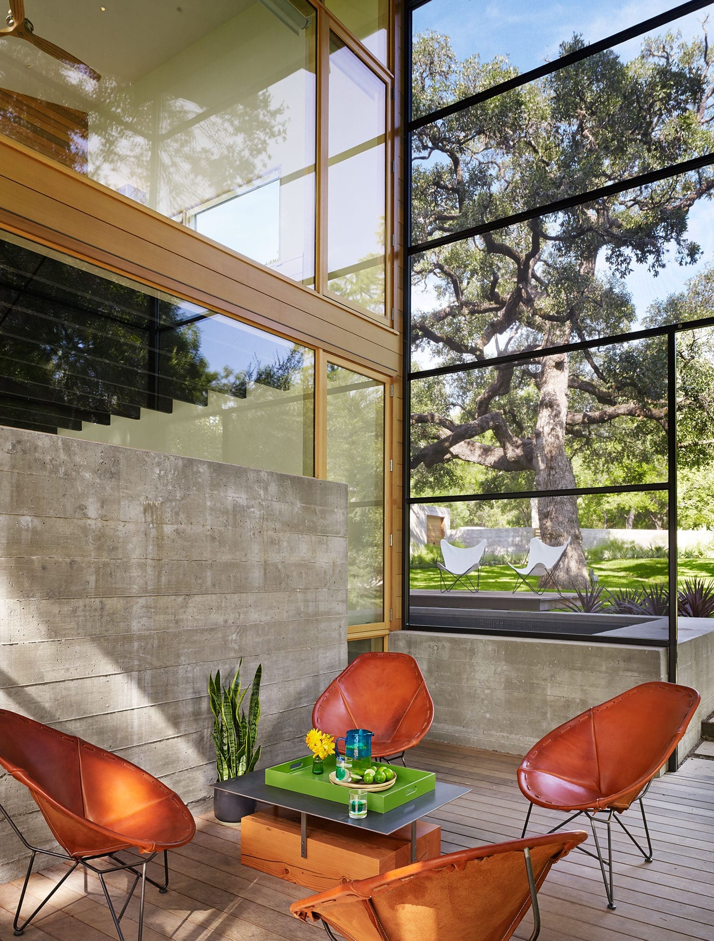 Wood storefront window wall from exterior seating area