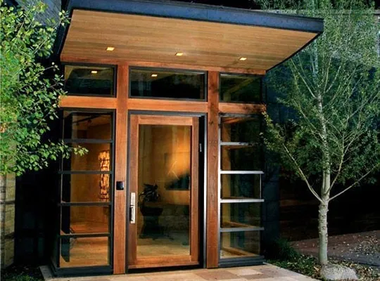 Matching wood sliding patio doors in modern home